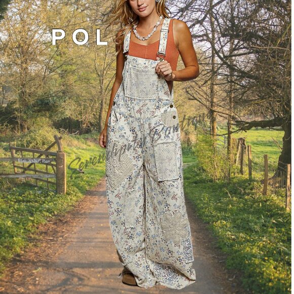 POL Floral Denim Boho Crochet Patchwork Flare Leg Suspenders Strap Jean Overalls - Picture 4 of 12